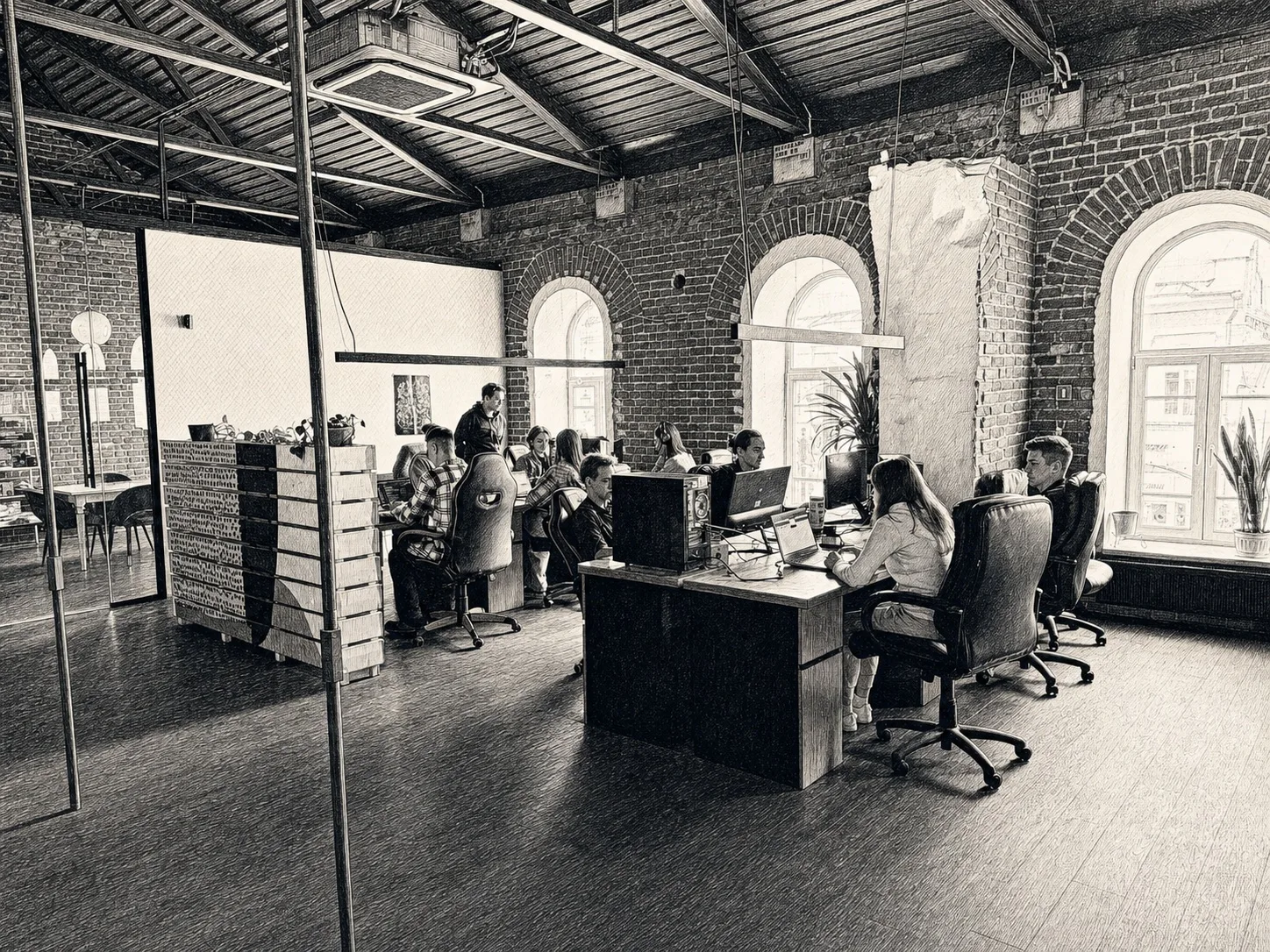 Команда ai-sloy в офисе, графическая обработка фотографии